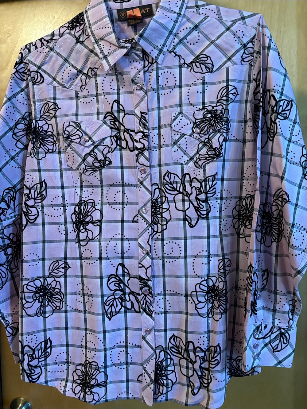 Ariat Lavender and Black Plaid Button-Down Shirt; Size XXL